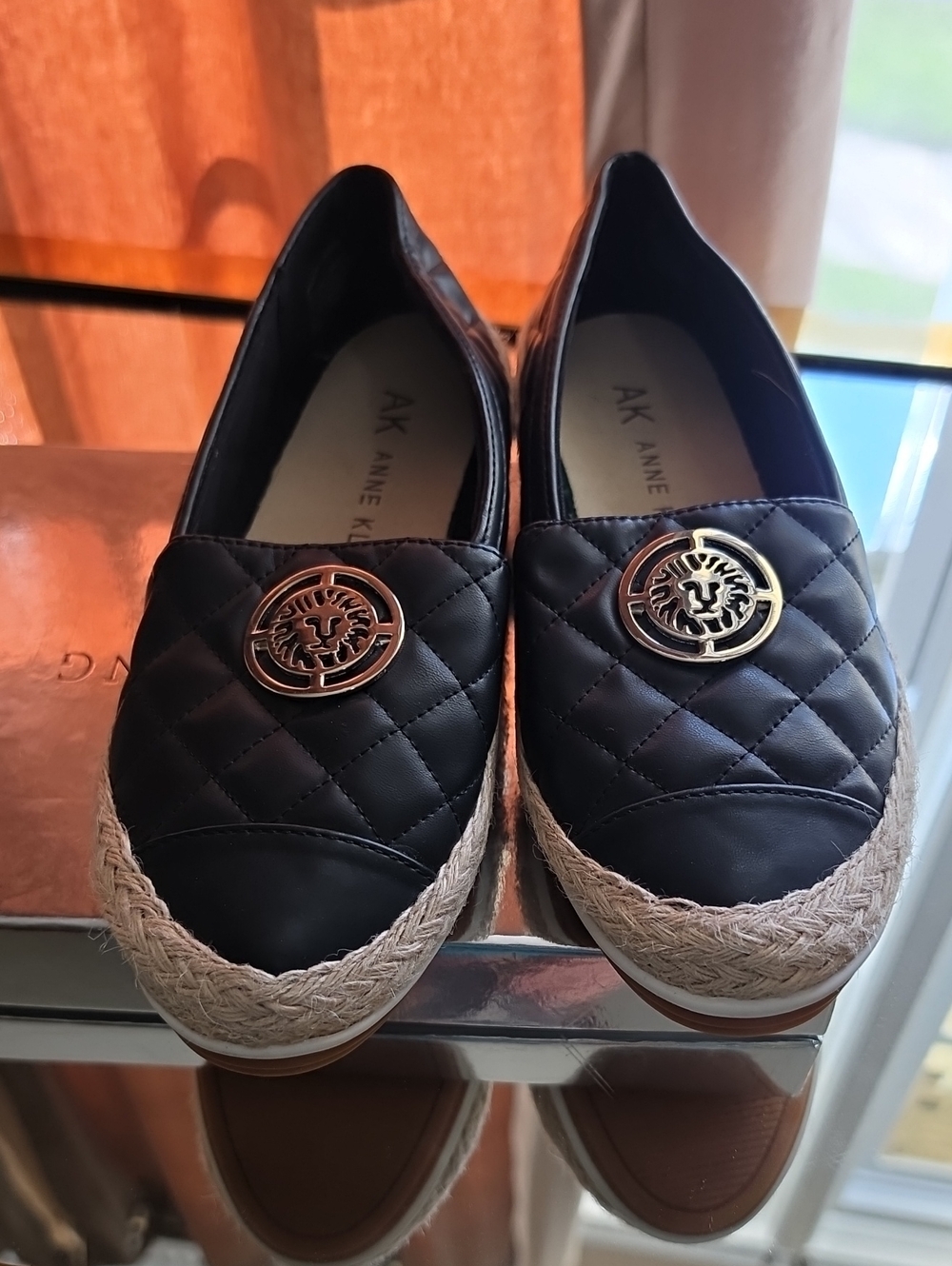 Anne Klein Black Quilted Espadrille Loafers with Gold Emblem
